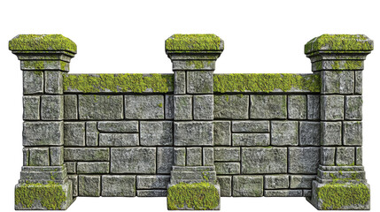 A moss-covered stone wall with decorative pillars, showcasing a rugged yet natural appearance against a transparent background.