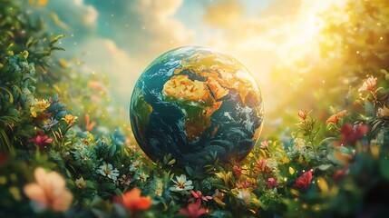 Wall Mural - Celebrate World Environment Day a beautifully illustrated globe radiating colors of life and framed by lush greenery emphasizing ecofriendly practices and the importance of protecting our Earth