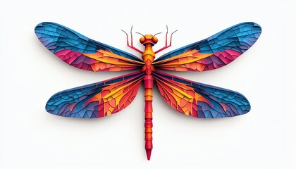 Colorful dragonfly with intricate patterns, depicted against a clean, white background.