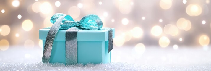 A close-up of an elegant gift box with a blue ribbon, placed on a soft white background adorned with sparkling bokeh lights.