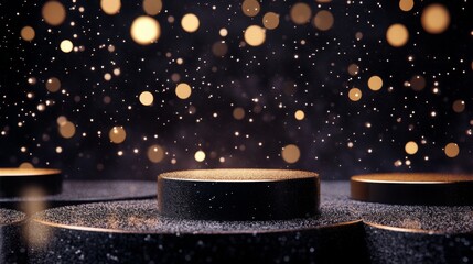 Fototapete - A black podium with a gold rim is set against a dark background. Above the podium, out of focus, are scattered gold bokeh lights.