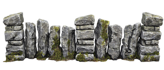 Wall Mural - A rough stone wall section with unevenly stacked stones, featuring patches of moss, set against a transparent background.