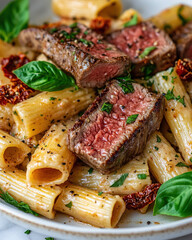 Wall Mural - Steaks and pasta, a classic Italian dish with medium-rare seared beef slices on top of rigatoni pasta, rubbed in a creamy béchamel sauce,  accented by sun-dried tomatoes and herbs.