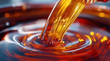 Wall Mural - close-up shot of amber liquid pouring into a bowl, creating ripples and swirls on the surface.