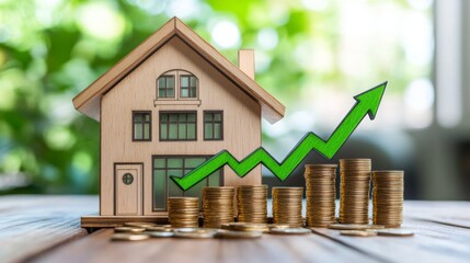 Aufkleber - A wooden house model sits next to stacks of coins on a table, with a green upward graph behind it, symbolizing growth in property investment.