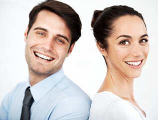 Sticker - Business people, happy and portrait in studio with confidence, partnership and collaboration. Man, woman and smile on white background for teamwork, about us and project management for company growth