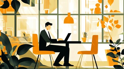 Cartoon businessman sitting at desk in office, working on laptop