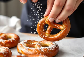 Close up of a person sprinkling sea salt on a freshly baked pret