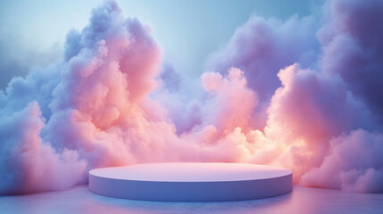 Wall Mural - Cloud background podium blue 3d product sky white display platform render abstract stage pastel scene. Podium stand light minimal cloud background studio dreamy pedestal backdrop smoke geometric.