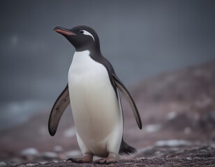 there is a penguin standing on the ground with its head turned.