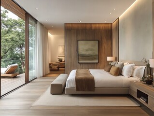 modern bedroom with large windows, wooden floor, and a view of a patio.
