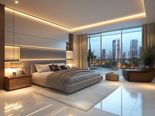 Modern bedroom interior design with city view and large windows, luxurious furniture, and warm lighting.