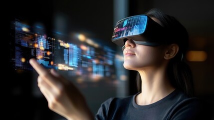 Aufkleber - Woman Wearing VR Headset Interacting with Virtual Data