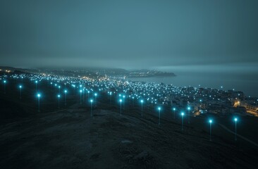 Fototapete - Overnight blue city sky, abstract network and line connections