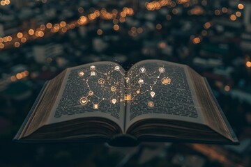 Leinwandbilder - Open book pages display the beautiful night scene of modern city skyline controlled by smart home wireless connections.