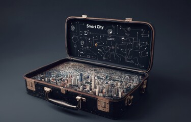 Fototapete - An open retro vintage suitcase with smart city iconography, internet of things, and networks isolated on a blue background.