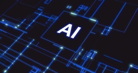 Wall Mural - futuristic movement of blue matrix digital vertical and horizontal circuit lines with on right ai wo