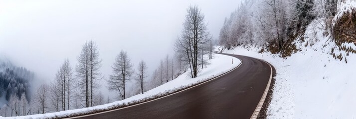 Poster - In a winter landscape in Germany, a road covered in snow and trees covered in snow.