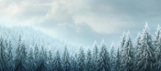 Poster - Stunning winter landscape of fir tree forest and glade covered with snow. Carpathian mountains.