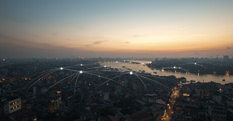 Fototapete - Concept for smart cities with wireless communication networks. Digital network connection lines