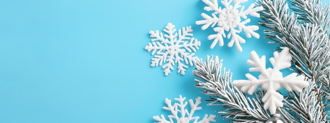 Aufkleber - This festive winter snow background includes snowdrifts, silver decorative snowflakes with beautiful light, and snow flakes against blue sky.