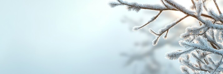 Sticker - Christmas or New Year winter concept with snowy and iced branches of trees against a blue sky backdrop.