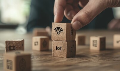 Aufkleber - Hand-drawn image of a business woman arranging wood blocks with the Internet of Things icon. Internet of Things concept.