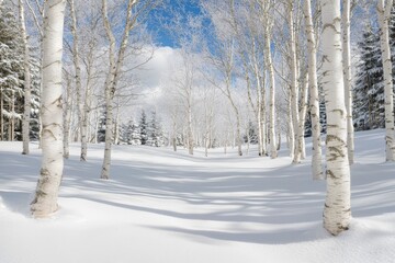 Sticker - A snowy tree in the park. Beautiful white winter. A blue sky in the sky.