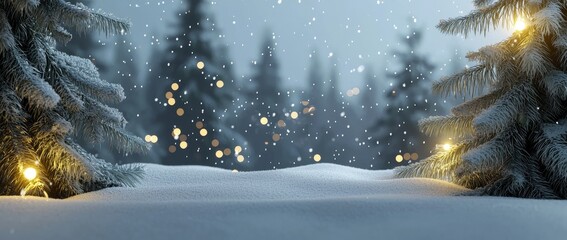 Poster - Landscape in a snowy forest of frosted fir trees. Christmas background with blurred background of snow.