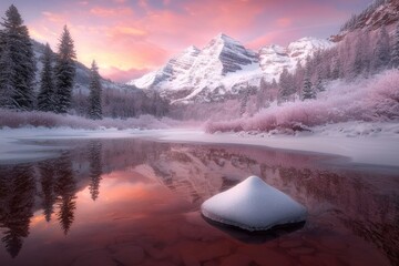 Canvas Print - A close-up of the Maroon Bells morning sunrise with sunlight on the summit in Aspen, Colorado, the Rocky Mountains, and a winter view of a frozen lake covered in snow in winter.