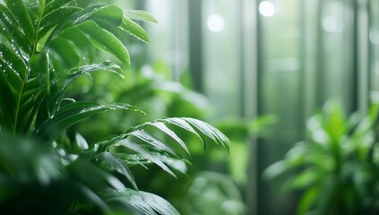 Lush green plants with droplets, creating a serene indoor atmosphere.