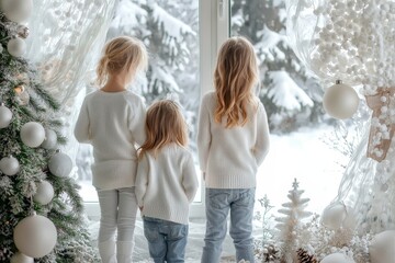 a woman with her children in her home. a family standing near a window in the winter.