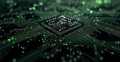 Fototapete - An abstract digital city. Digital circuit boards, motherboards, chips. Digitalization of information: IT, IOT, servers, data centers. Animated visualizations of network data.
