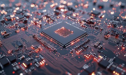 Fototapete - Top view of an abstract, colorful machine building an isometric block on textured background. 3D illustration.