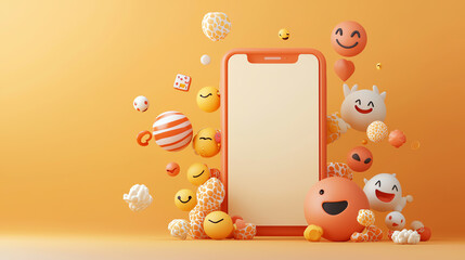 Floating emoji symbols, abstract visual layout, vivid color scheme, 3D illustration