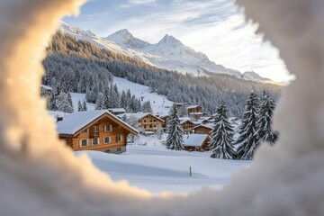 Poster - Panorama of a picturesque village in the Swiss alps, close to Simplon pass, looking down towards Brig Valley, covered in snow, with a beautiful sunset in the background.