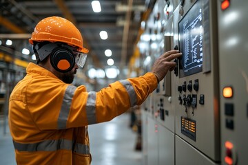 Wall Mural - Using industrial robot programming software for automated manufacturing technology, a young worker works with an adept robotic arm in a workshop.