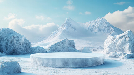 3d ice podium background snow winter product platform cold mountain. podium ice display background c