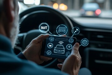 Poster - The Internet of Things (IOT), a hand using a smart phone on a car with a VR screen in the background, Digital transformation, Modern technology concept...