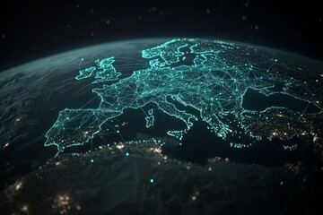 Poster - Integrated communication networks in Europe. Telecommunications and data transfer links in Europe. IoT, finance, business, blockchain, and security.