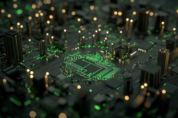 Fototapete - Animated city on circuit board background. Concept for future cyberspace. Stock.