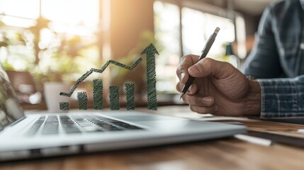 Aufkleber - Using a laptop, a businessman analyzes long-term sustainability growth through digital graphics and financial data.