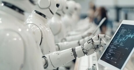 Aufkleber - Using real-time monitoring system software, engineers test robot arm control. Robots weld workpieces and produce industrial parts to reduce human labor.