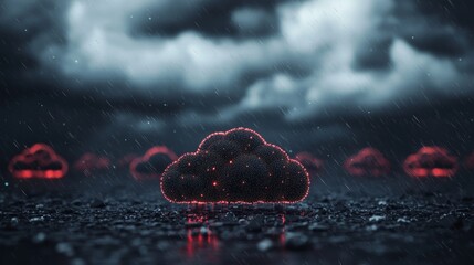 Fototapete - Cloud computing technology data transfer concept. Abstract code in the center, interconnected polygons, and multicolored dots.