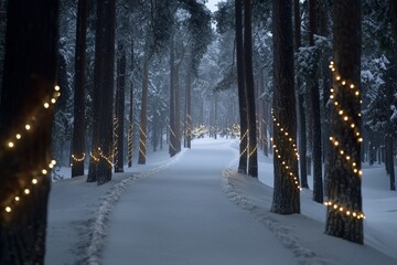 Poster - Christmas trees decorated with garland lights against a winter forest background