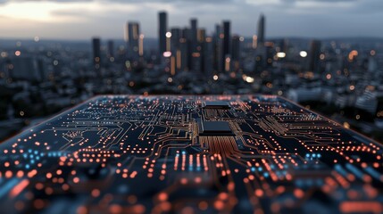 Fototapete - The smart urban development network connects modern city buildings.