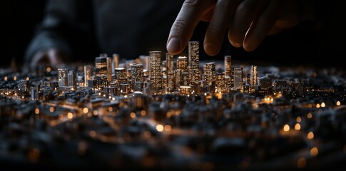 Aufkleber - Real estate business man touching a virtual cityscape filled with smart technology and internet of things icons