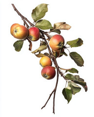 a branch of an apple tree with red and yellow apples and leaves.