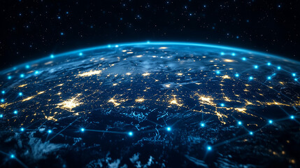 Wall Mural - night planet earth from space with light lines of communication and connection. business and finance
