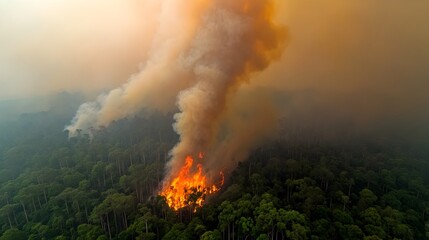 Raging wildfire ravaging a lush tropical forest with heroic firefighters bravely battling the blaze as plumes of thick black smoke billow into the sky